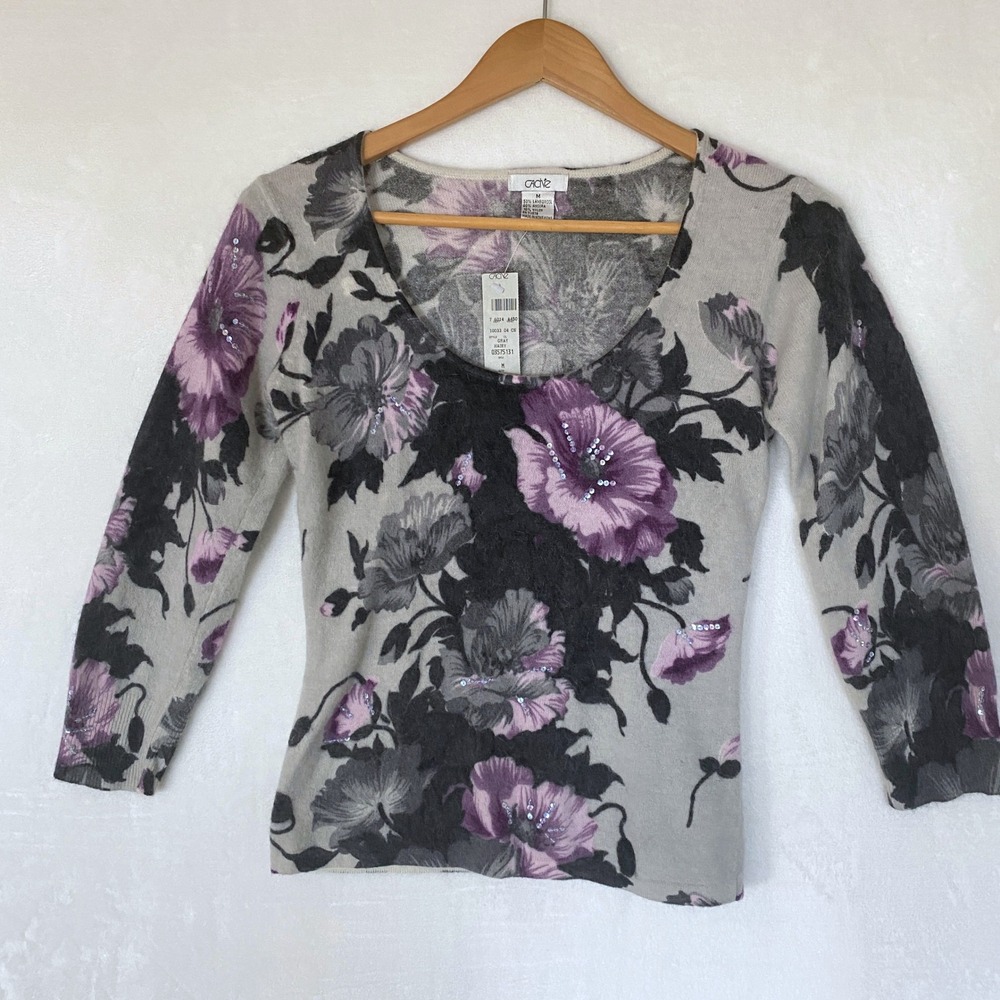 Cache Y2K Womens Lambswool Angora Sweater Med Floral Sequins Knit Top Dead Stock